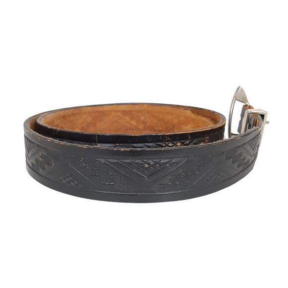 Vintage 90s Tooled Leather Belt Black Distressed Mens 40 Western Wear Boho Aztec - Picture 3 of 8